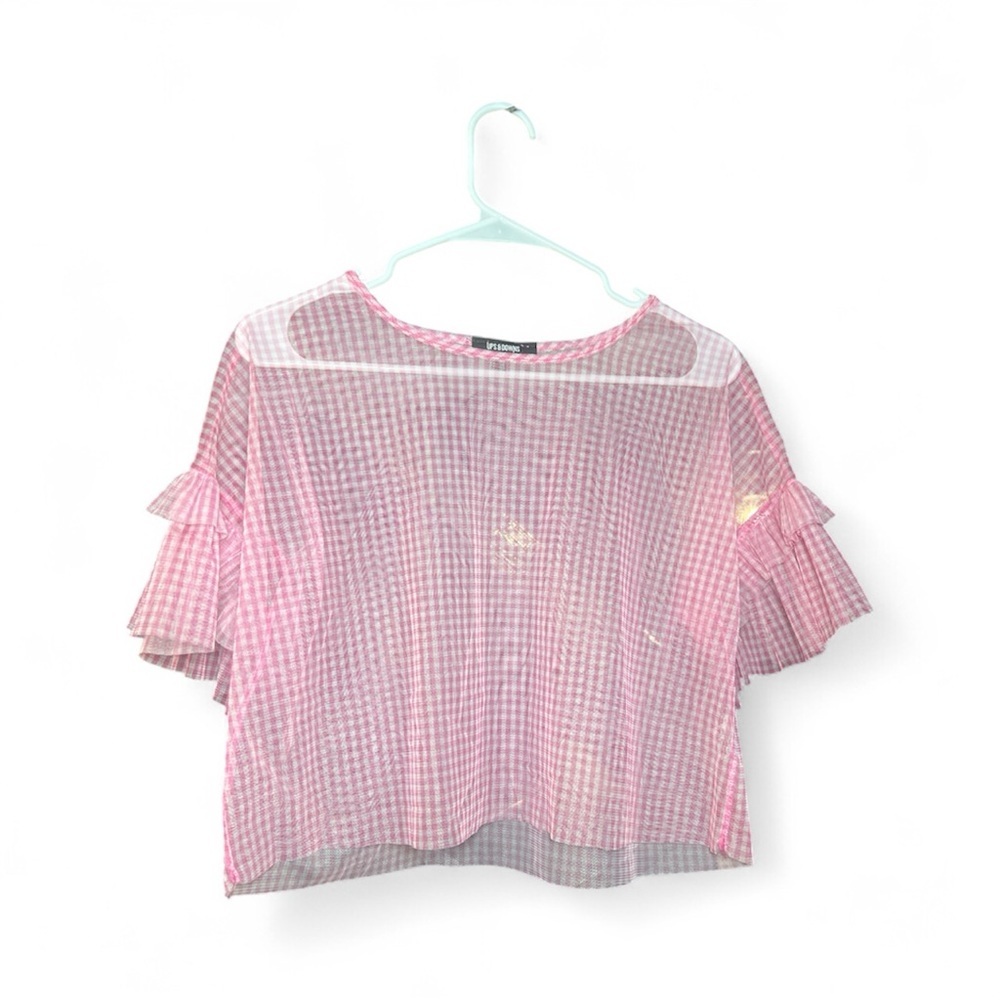 Pink Gingham Sheer Ruffle Sleeve Blouse